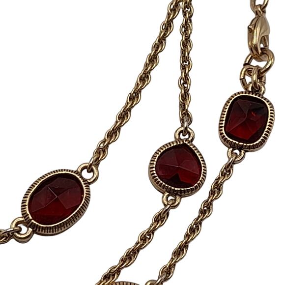Monet Red Rhinestone Long Necklace, 54", Gold Tone Rope Chain - Picture 6 of 10